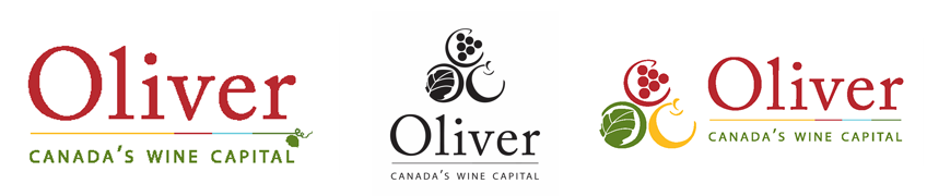 three logos for Town of olive, red and green lettering and black lettering with grapes and leaf and apple