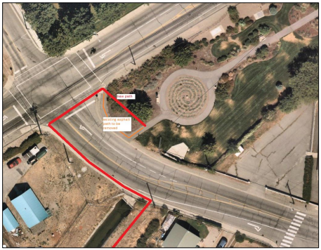 birds eye view of park and showing red lines redirecting pedestrian traffic to lead to trail
