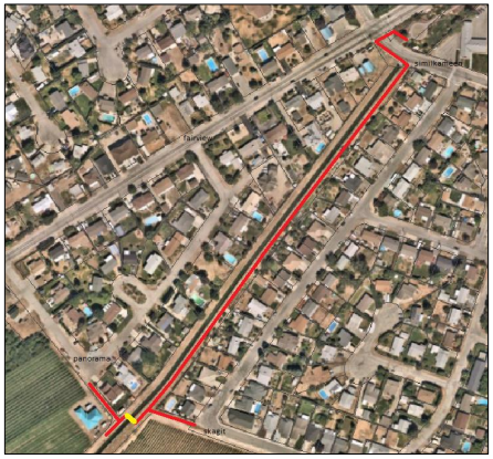 birds eye view of houses highlighting a trail with a red line