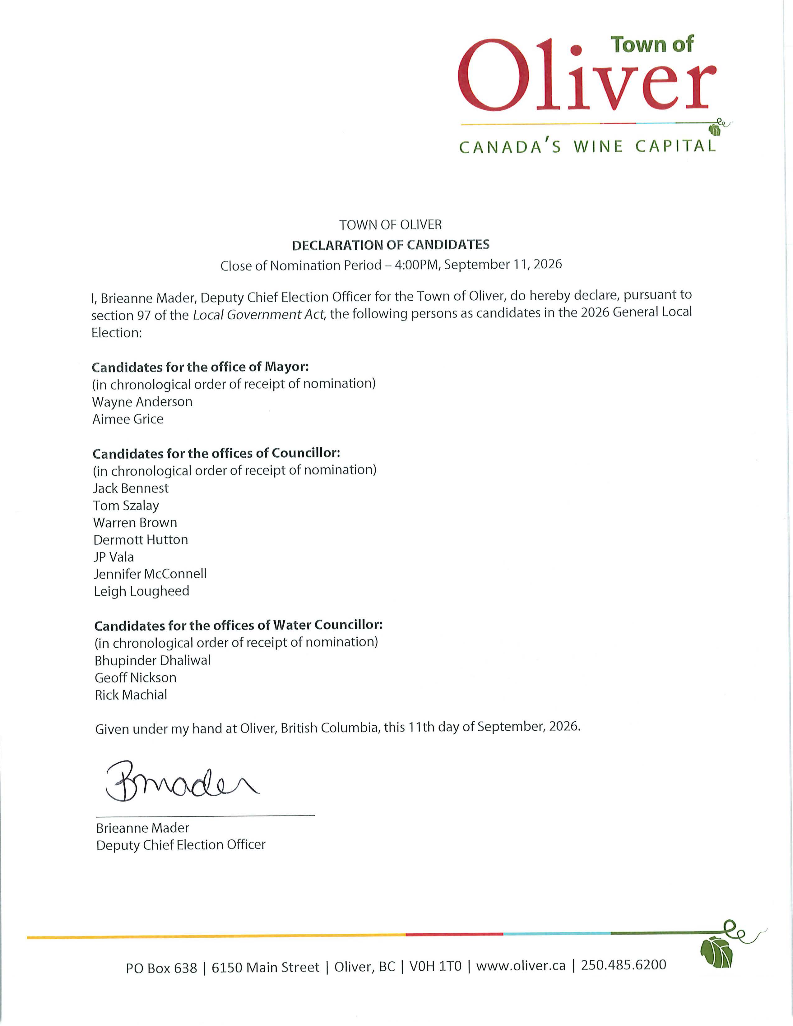 Declaration of Candidates