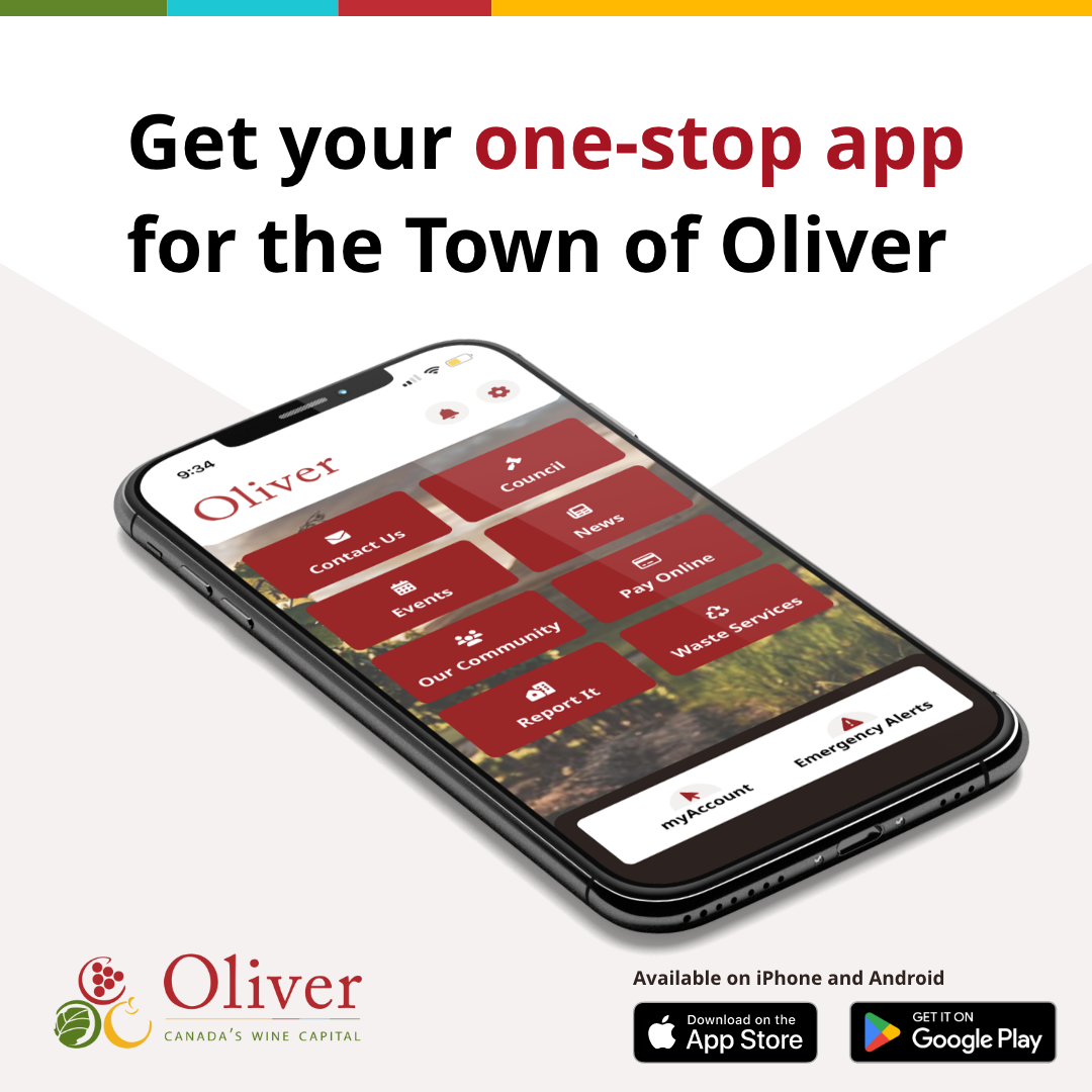 Mobile phone displaying the Town of Oliver app homepage
